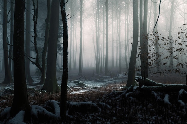 Niebla densa en el bosque de invierno frío sin hojas y nieve blanca en la corteza de los árboles generada por IA