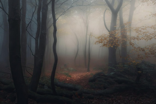 Niebla densa en el bosque de otoño con hojas amarillas y musgo verde en la corteza de los árboles generada por IA