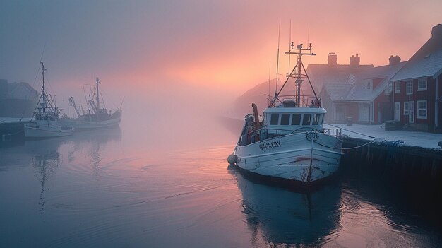 Foto la niebla se despliega sobre un puerto al anochecer