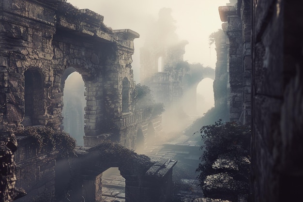 Una niebla enigmática se teje a través de las antiguas ruinas.