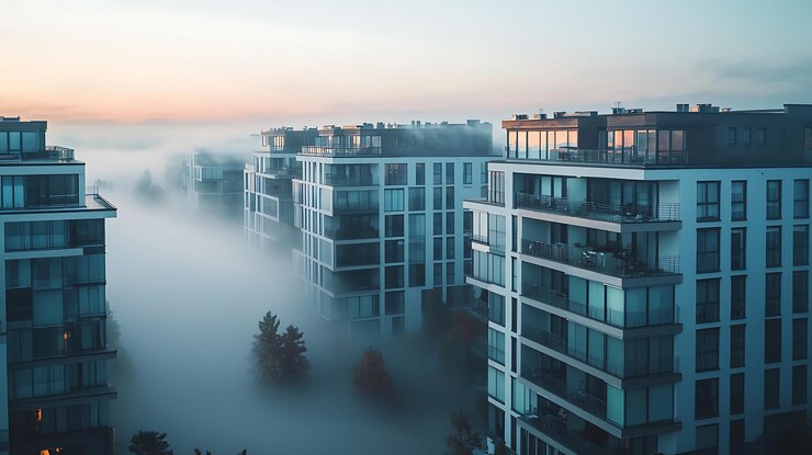 La niebla se enrosca alrededor de un moderno complejo de apartamentos urbanos