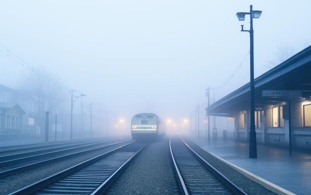 Una niebla etérea envuelve la estación de tren creando una atmósfera serena