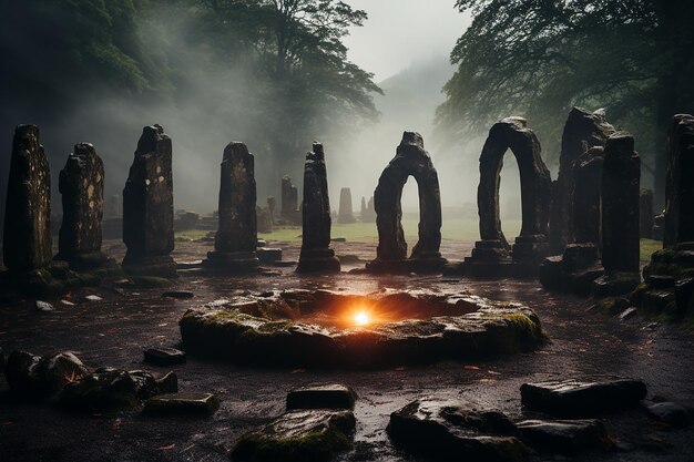 Foto una niebla giratoria que envuelve un misterioso círculo de piedra generado por la ia