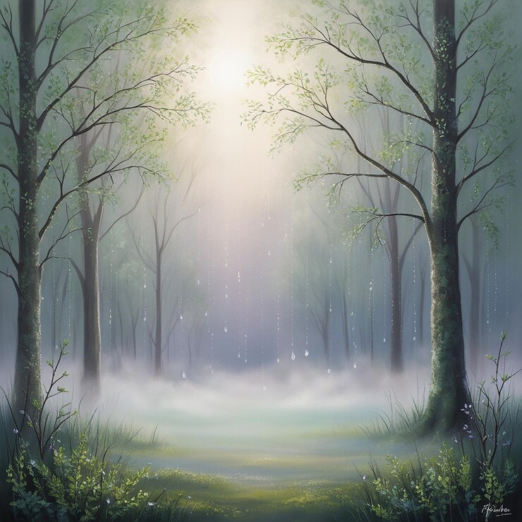 La niebla y las gotas del bosque de primavera