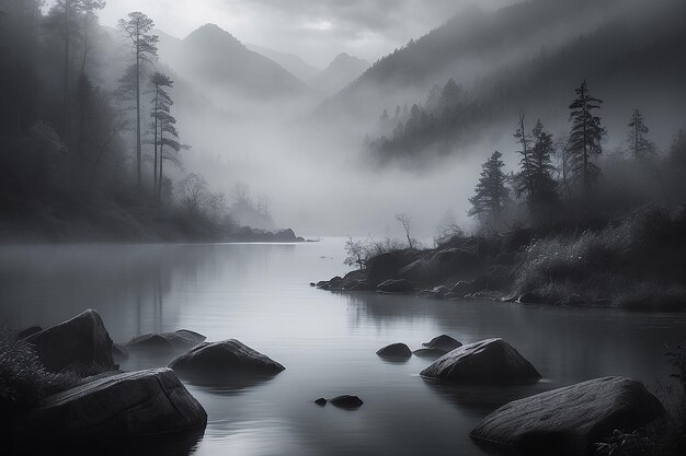 Una niebla interminable, un lago blanco y negro.