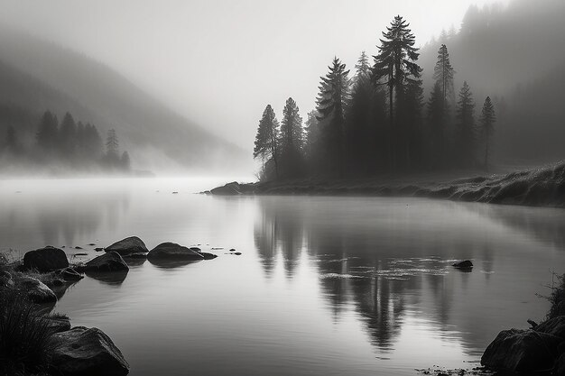 Una niebla interminable, un lago blanco y negro.