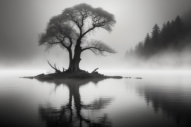 Foto una niebla interminable, un lago blanco y negro.