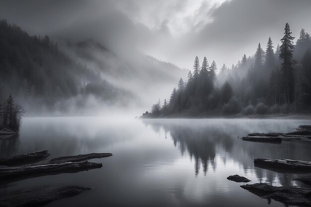 Foto una niebla interminable, un lago blanco y negro.