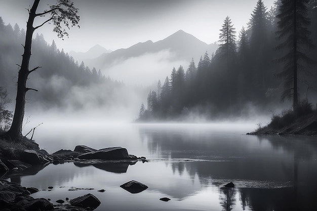 Una niebla interminable, un lago blanco y negro.