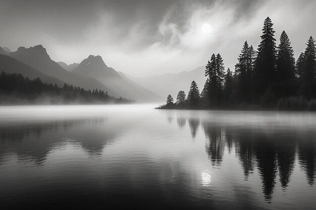 Foto una niebla interminable, un lago blanco y negro.