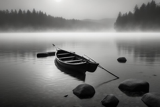 Foto una niebla interminable, un lago blanco y negro.