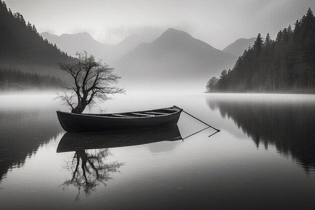 Foto una niebla interminable, un lago blanco y negro.