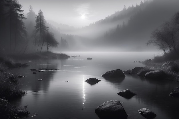 Una niebla interminable, un lago blanco y negro.