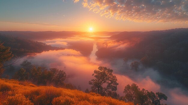 Foto la niebla se levanta sobre un valle del río al amanecer