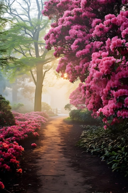 Foto la niebla matinal y el esplendor colorido una visión soñadora de un jardín de azaleas en plena floración