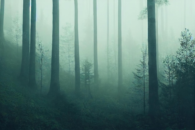La niebla matutina se disipa en la espesura del bosque creado con ai generativo