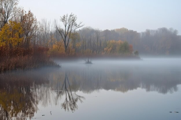 Niebla matutina flotando sobre aguas tranquilas creadas con IA generativa