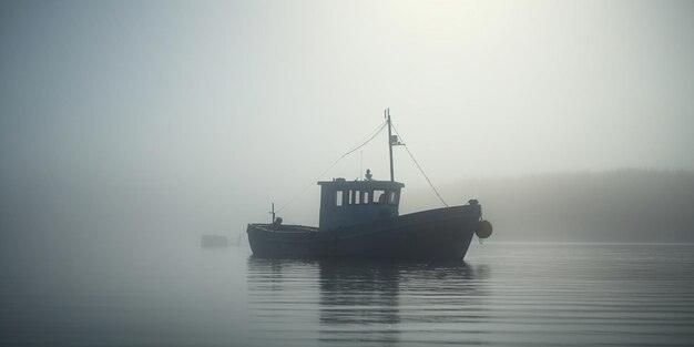 Niebla matutina en el océano Un barco pesquero al amanecer