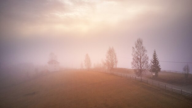 Foto niebla matutina en el valle de la montaña