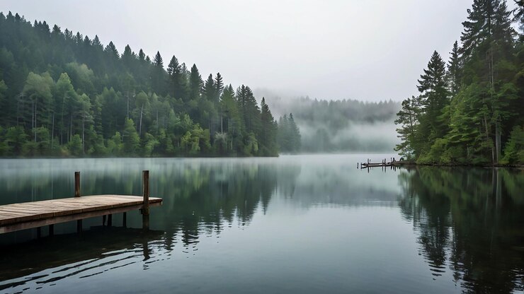 Niebla en la naturaleza Una mañana de niebla junto a un lago tranquilo rodeado de un denso bosque