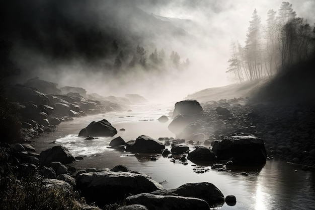 Niebla y neblina sobre el río que fluye en las costas rocosas