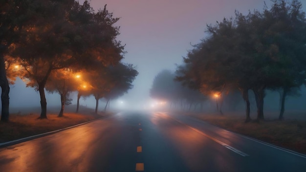 Niebla por la noche en la carretera y naranjos