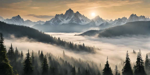 La niebla oscurece las cumbres de las majestuosas montañas el paisaje envuelto en una suave niebla gris