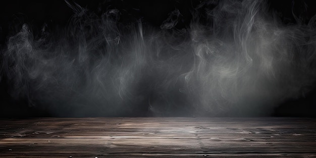Niebla en la oscuridad, humo y niebla sobre una mesa de madera, fondo abstracto y desenfocado de Halloween