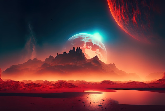 Niebla del paisaje nocturno del desierto y un entorno de planeta rojo abstracto paisaje increíble ambientado en el futuro