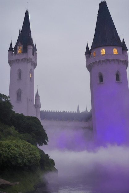 la niebla púrpura cubre un castillo con dos torres y una torre del reloj