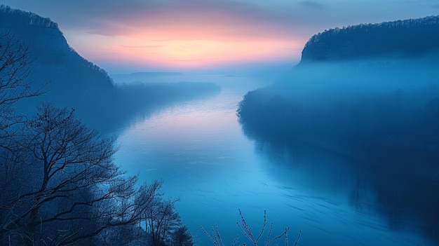 Foto la niebla que cubre el valle de un río