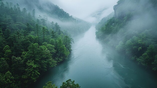 Foto la niebla que cubre el valle de un río