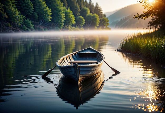 Una niebla silenciosa envuelve las aguas vidriosas donde un barco de remos plateado solitario flota en soledad.