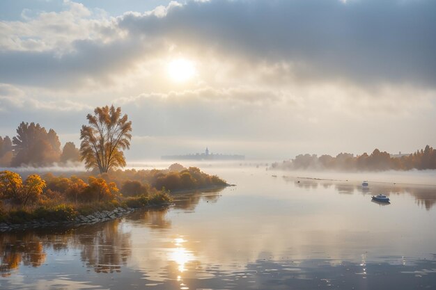 Niebla sobre el agua en un río Dnieper en otoño