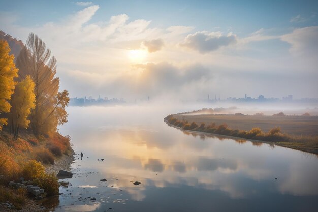 Niebla sobre el agua en un río Dnieper en otoño