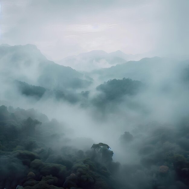 Niebla sobre los árboles del bosque de abetos temprano en la mañana Silueta de los abetos en la montaña IA generativa