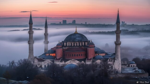 Foto niebla sobre hagia sophia al amanecer en estambul, turquía