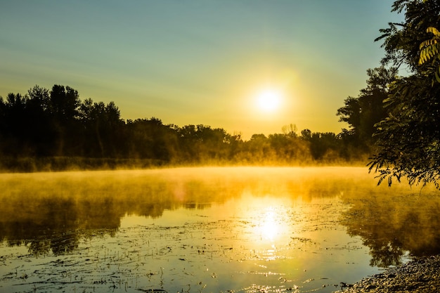 Niebla sobre la superficie del agua. Amanecer en el río