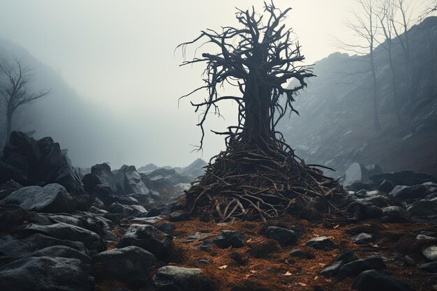 Niebla solitaria cruza árboles retorcidos Misterio y serenidad generativa IA