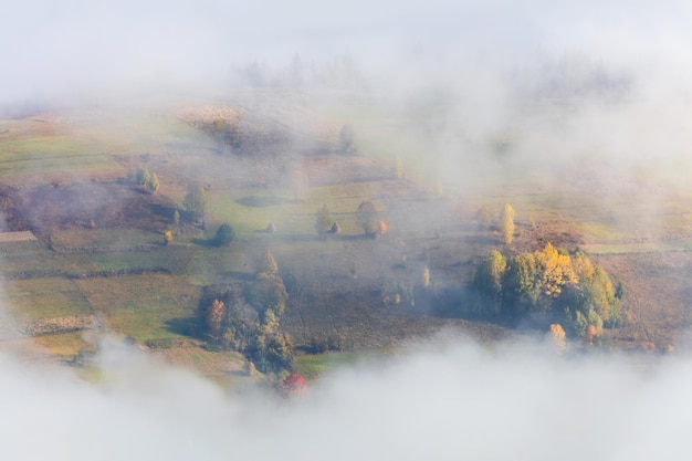 Niebla en el valle de las montañas con árboles coloridos y campos de cultivo