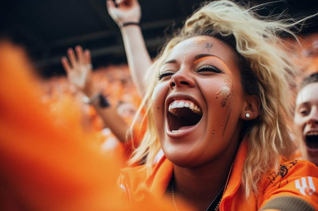 Niederländische Fußballfans in einem WM-Stadion unterstützen die Nationalmannschaft