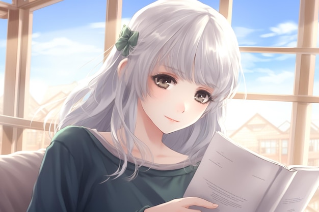 Niedlich, eine schöne Anime-Frau oder ein Mädchen, das das Buch liest, Relax-Time-Konzept, KI-generiert