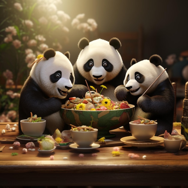 Foto niedliche 3d-panda-figur, die gemeinsam eine mahlzeit genießt