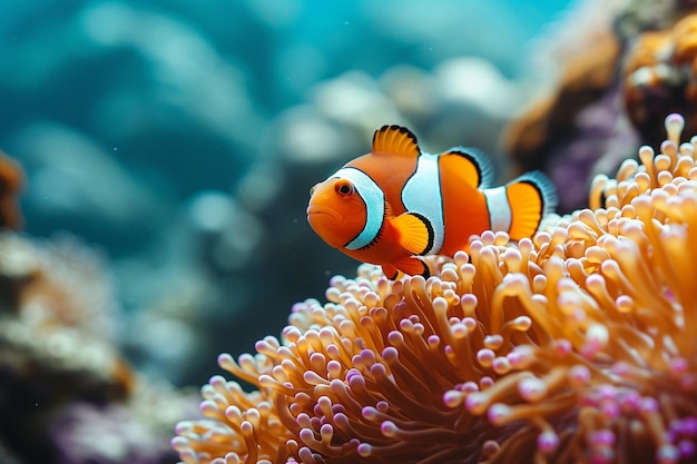 Niedliche Anemonenfische spielen auf dem Korallenriff. Wunderschöne farbige Clownfische auf Korallenriffen