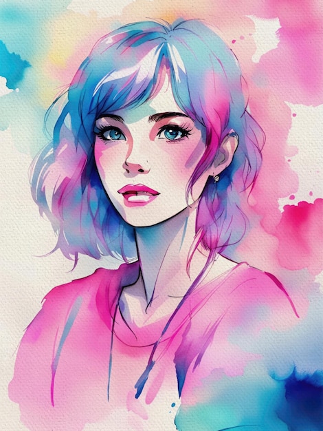 Niedliche Anime-Mädchen-Portrait-Aquarell-Illustration