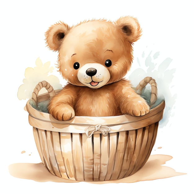 Niedliche Aquarell-Babybär im Korb Illustration Teddybären Clipart