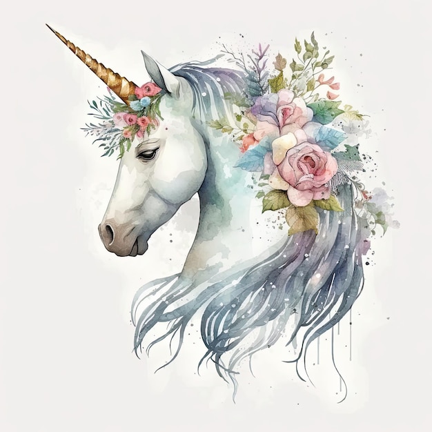 Niedliche Aquarell-Einhorn-Illustration AI GenerativexD