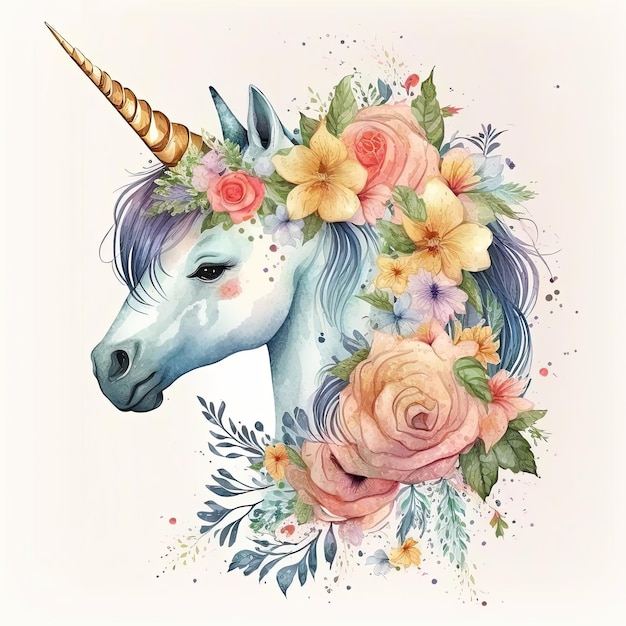 Niedliche Aquarell-Einhorn-Illustration AI GenerativexD