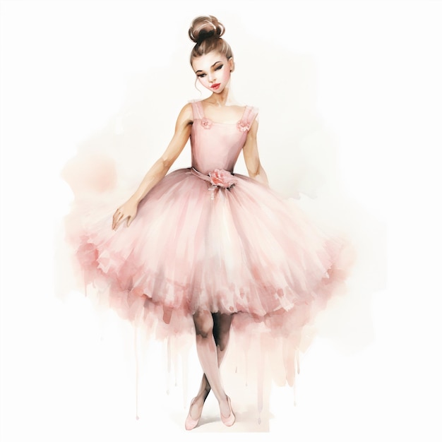 Niedliche Aquarell-Illustration eines anmutigen, schlanken Mädchens mit Ballerina-Rosa-Tutu-Spitzenschuhen in voller Länge