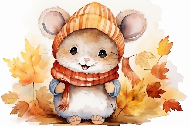 Niedliche Aquarell lächelnde glückliche Maus mit Schal und Mütze im Herbst